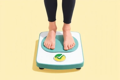 Person on a scale, symbolizing weight management.
